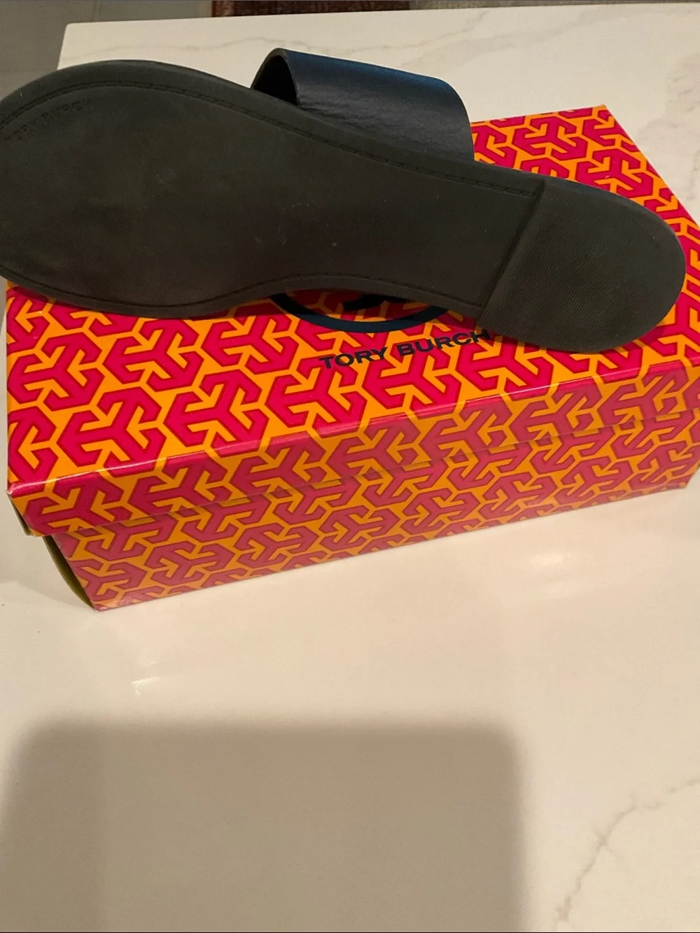 Tory Burch Navy Leather Thong Sandals with Gold Green Logo